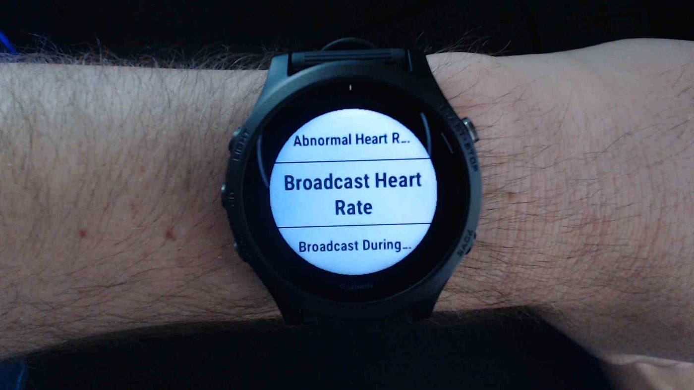 Schermata Garmin con opzione Trasmetti FC selezionata