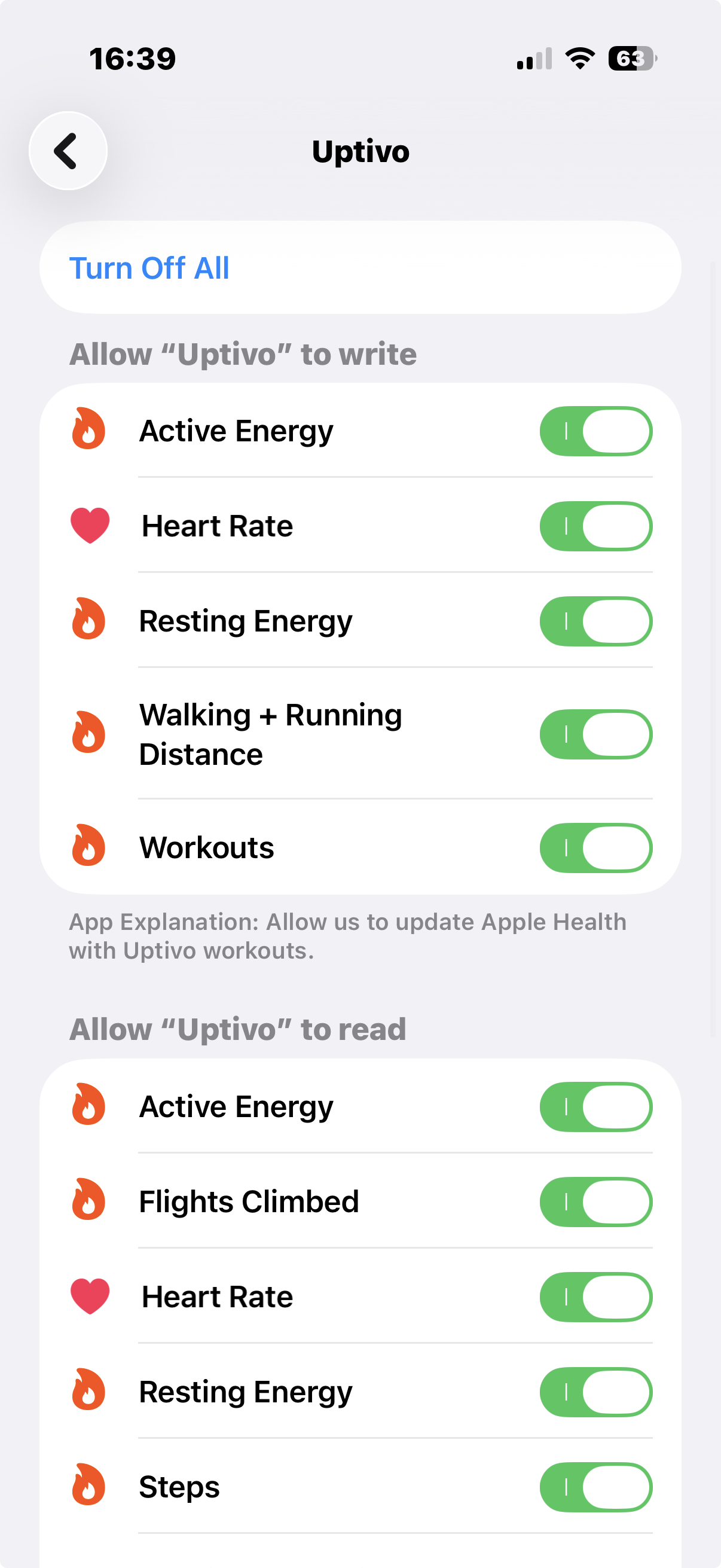 Permessi Uptivo in Apple Health tutti attivi
