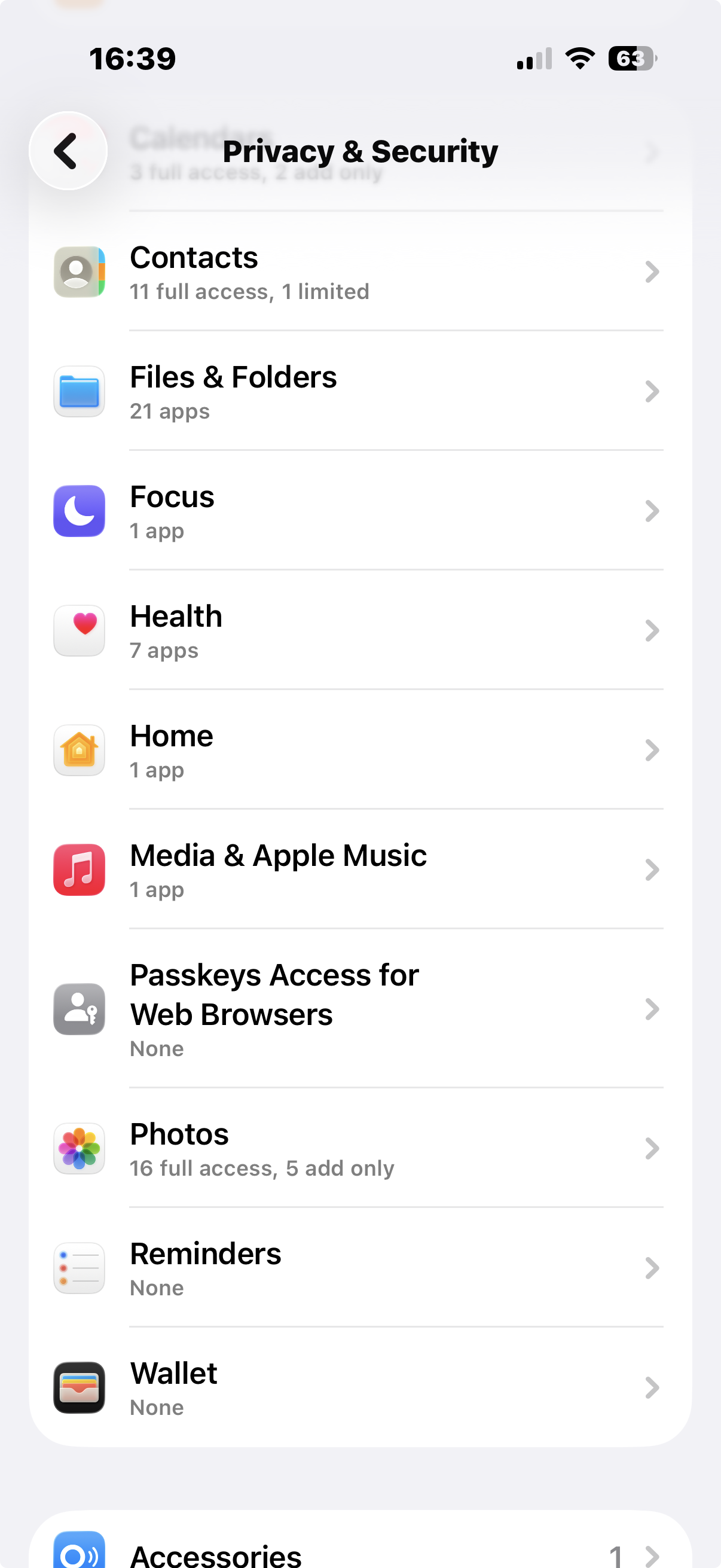 Impostazioni iOS Privacy e Sicurezza con opzione Salute